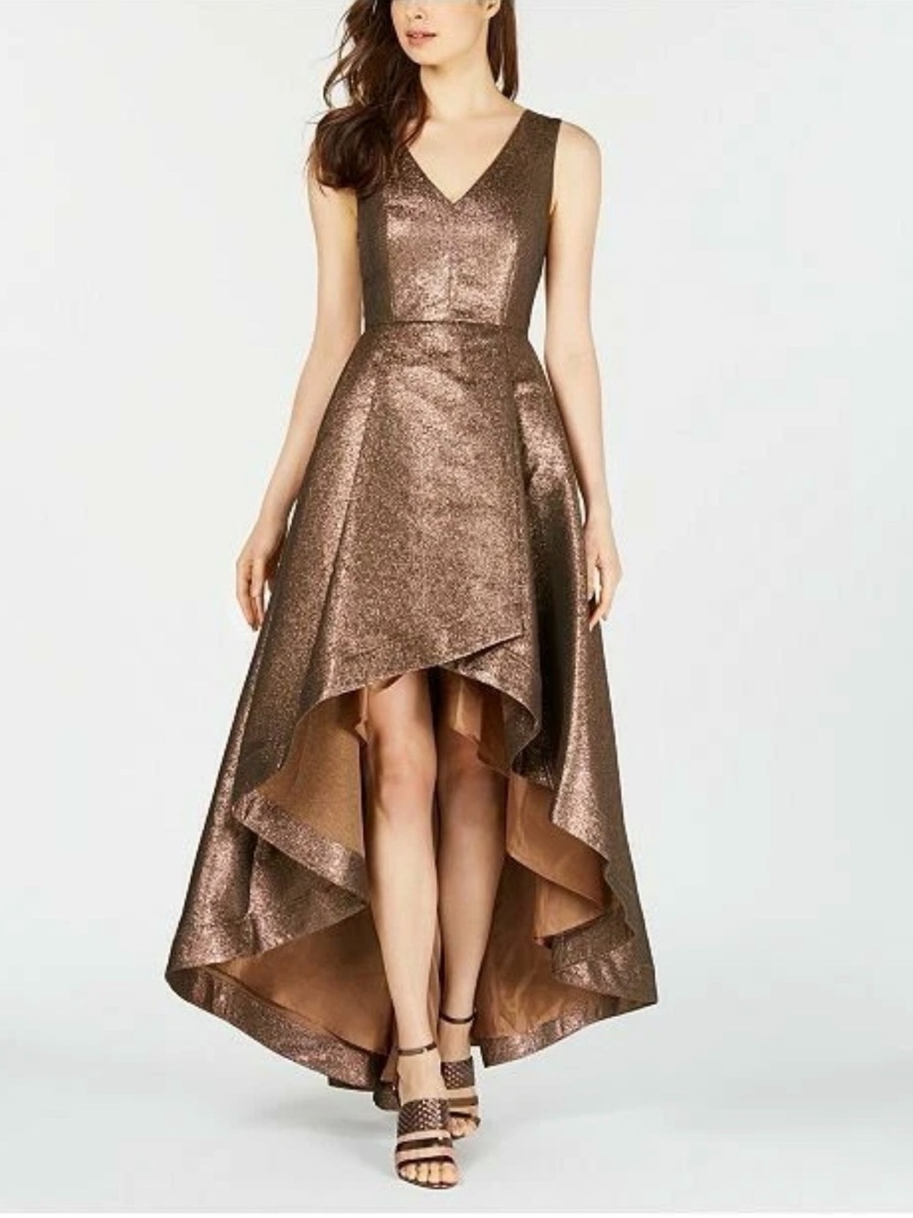 Calvin Klein Metallic Bronze High-Low V-Neck Dress Sz8 New w/o tags